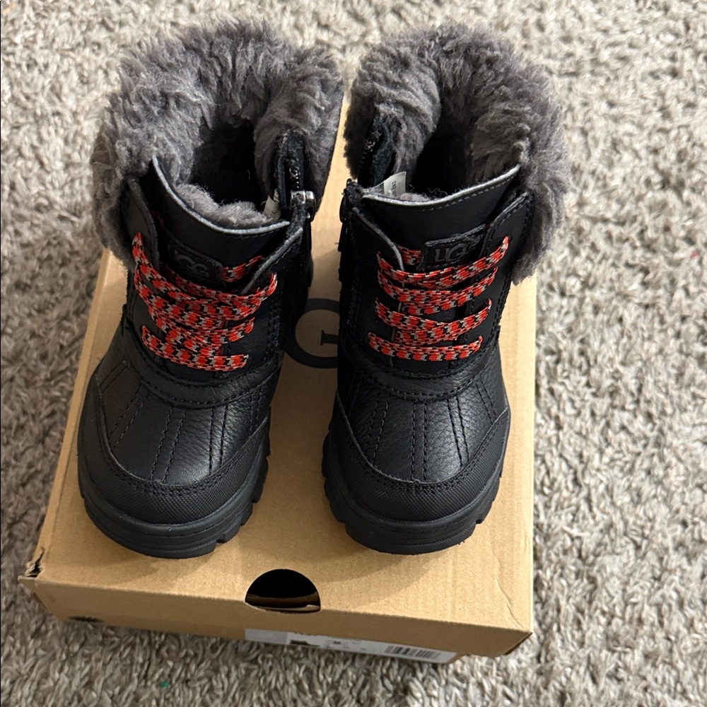 UGG Kids Black and Red Fur-Lined Boots